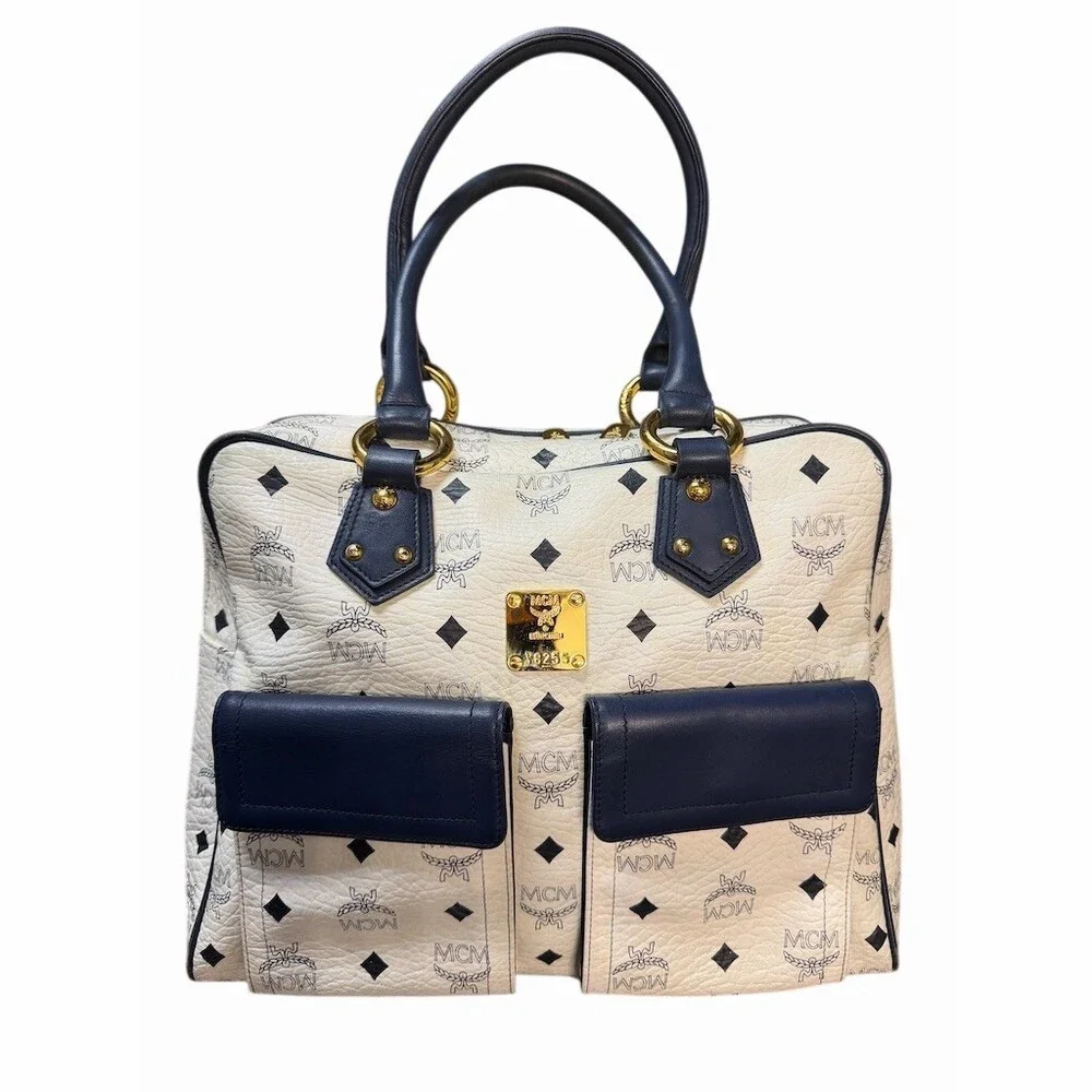 MCM Visetos Double Pocket Satchel Handbag Navy and White with Gold Hardware